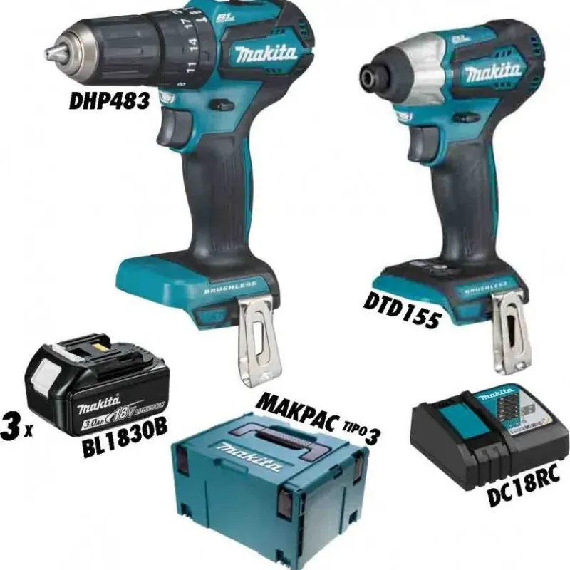 MAKITA ΔΡΑΠΑΝΟ ΚΡΟΥΣΤΙΚΟ DHP483 ΚΑΤΣΑΒΙΔΙ DTD155 ΜΠΑΤΑΡΙΕΣ 3xBL1830B ΦΟΡΤΙΣΤΗΣ DC18RC ΒΑΛΙΤΣΕΣ MAKPAC DLX2221JX3