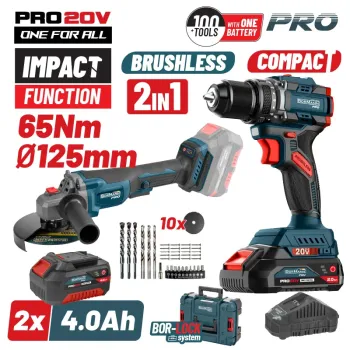 BORMANN Pro BBP5433X44T2CA Σετ Compact Brushless Κρουστικό Δραπανοκατσάβιδο 65Νm & Γωνιακός Τροχός,ΒMC 083269