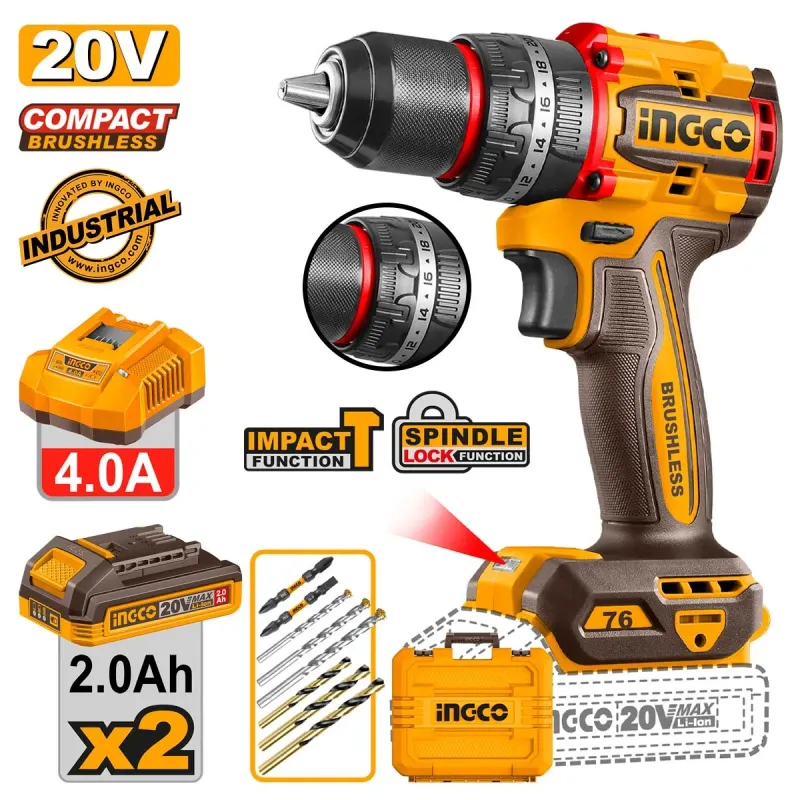 Ingco Κρουστικό Δραπανοκατσάβιδο Compact Μπαταρίας 20V Li-Ion 76Nm CIDLI207686E