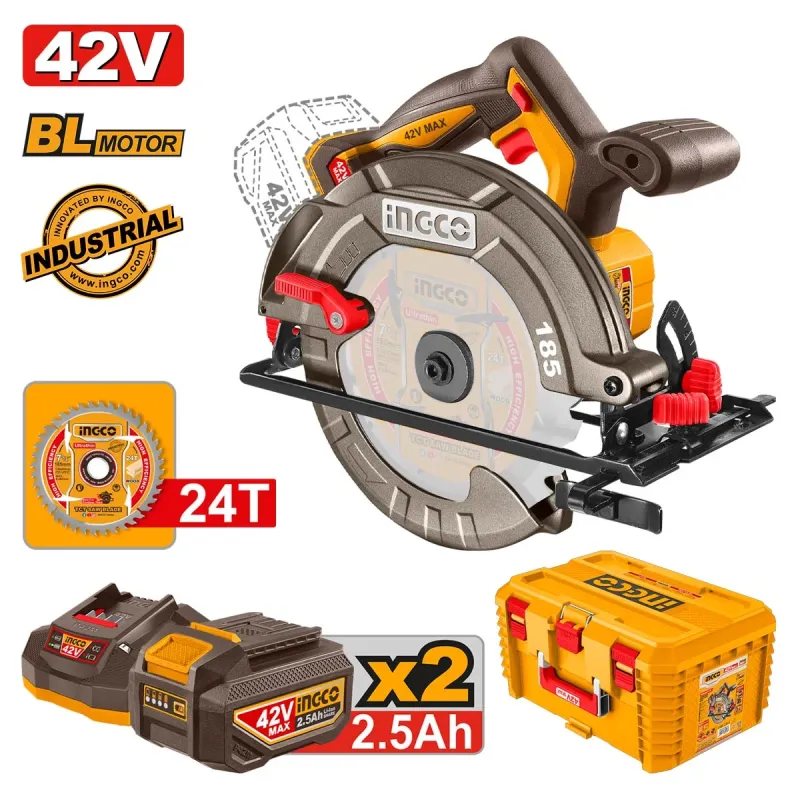 Ingco Δισκοπρίονο Μπαταρίας 42V Li-Ion Φ 185mm +Εργαλειοθήκη Βαθιά 19" CSLI4218512E