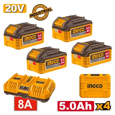 INGCO  Μπαταρίες 4 τεμ. 20V 5.0Ah + Ταχυφορτιστής 8A 2 Θέσεων + Βαλίτσα FBCLI20285E