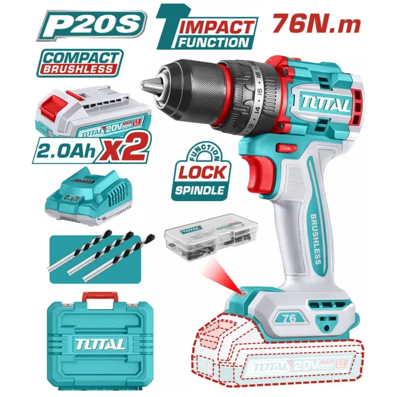 TOTAL ΕΠΑΓΓ. ΔΡΑΠ/ΒΙΔΟ ΚΡΟΥΣΤΙΚΟ ΜΠΑΤ. Li-ion 20V / 2Ah / 76Nm / 2 ΜΠΑΤ BL Motor (TIDLI20768E)