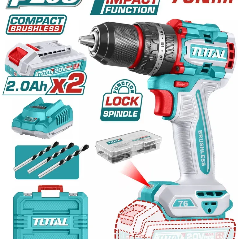 TOTAL ΕΠΑΓΓ. ΔΡΑΠ/ΒΙΔΟ ΚΡΟΥΣΤΙΚΟ ΜΠΑΤ. Li-ion 20V / 2Ah / 76Nm / 2 ΜΠΑΤ BL Motor (TIDLI20768E)