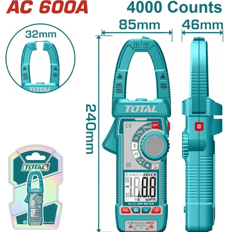 TOTAL ΕΠΑΓΓ. ΑΜΠΕΡΟΤΣΙΜΠΙΔΑ ΨΗΦΙΑΚΗ 600Α AC/DC True RMS (TMT766001)