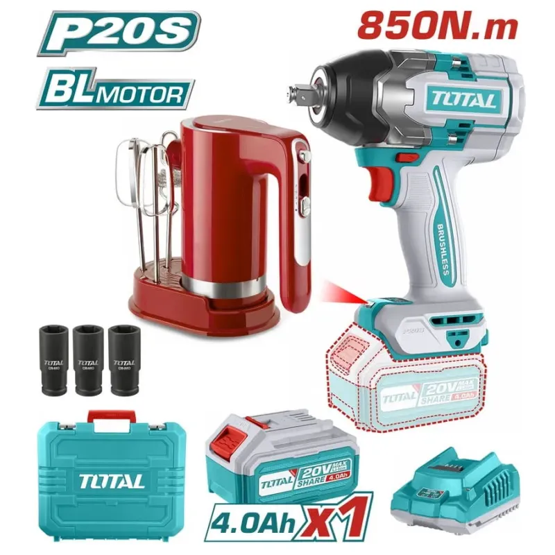 Total Σετ Μπουλονοκλειδο + Μιξερ Μπαταρίας Li-Ion 20V / 4Ah / 1 Μπαταρια (Tosli240313E)