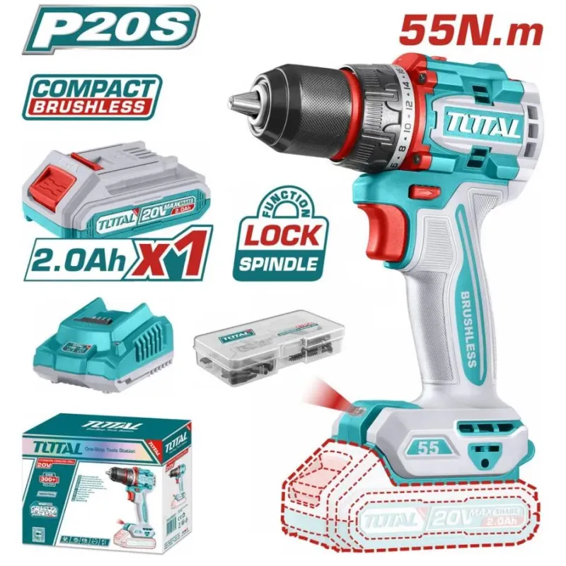 TOTAL ΕΠΑΓΓ. ΔΡΑΠ/ΒΙΔΟ ΜΠΑΤ. Li-ion 20V / 2Ah / 55Nm / 2 ΜΠΑΤ BL Motor (TDLI205582E)