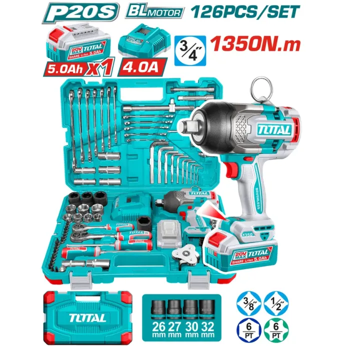 TOTAL ΕΠΑΓΓ. ΣΕΤ ΜΠΟΥΛΟΝΟΚΛΕΙΔΟ ΜΠΑΤ. Li-ion 20V / 1350Nm / 5Ah / 1 ΜΠΑΤ 126ΤΕΜ (THKTHP31262)