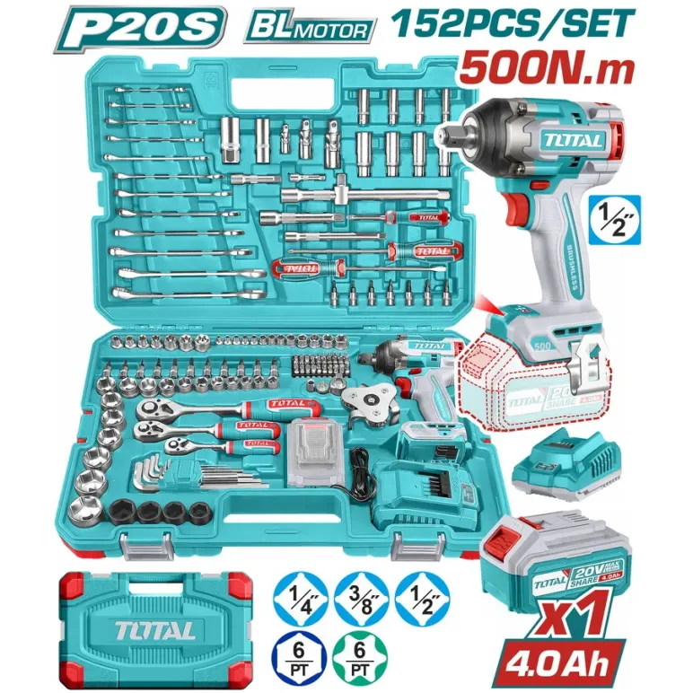 TOTAL ΕΠΑΓΓ. ΣΕΤ ΜΠΟΥΛΟΝΟΚΛΕΙΔΟ ΜΠΑΤ. Li-ion 20V / 500Nm / 4Ah / 1 ΜΠΑΤ 152ΤΕΜ BL Motor (THKTHP31522)
