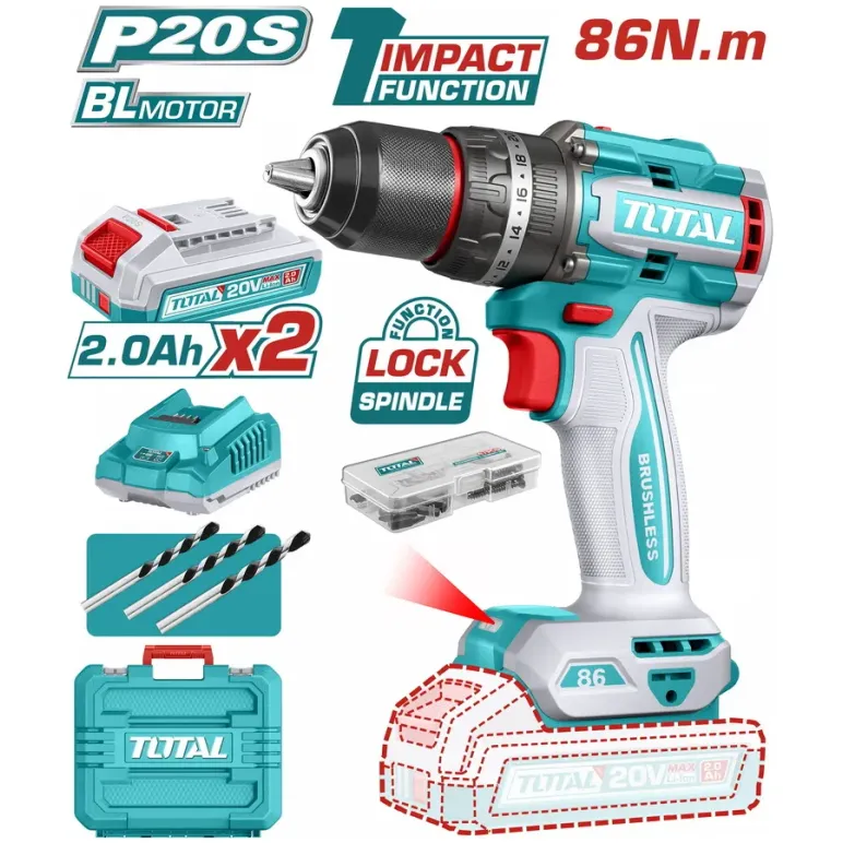 TOTAL ΕΠΑΓΓ. ΔΡΑΠ/ΒΙΔΟ ΚΡΟΥΣΤΙΚΟ ΜΠΑΤ. Li-ion 20V / 2Ah / 86Nm / 2 ΜΠΑΤ BL Motor (TIDLI208687E)