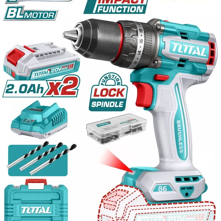 TOTAL ΕΠΑΓΓ. ΔΡΑΠ/ΒΙΔΟ ΚΡΟΥΣΤΙΚΟ ΜΠΑΤ. Li-ion 20V / 2Ah / 86Nm / 2 ΜΠΑΤ BL Motor (TIDLI208687E)