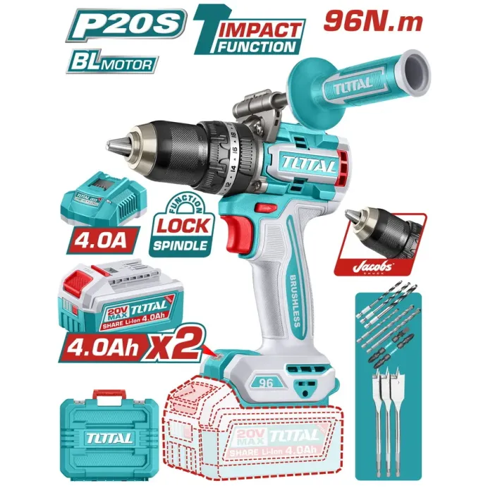 TOTAL ΕΠΑΓΓ. ΔΡΑΠ/ΒΙΔΟ ΚΡΟΥΣΤΙΚΟ ΜΠΑΤ. Li-ion 20V / 4Ah / 96Nm / 2 ΜΠΑΤ BL Motor (TIDLI209686E)