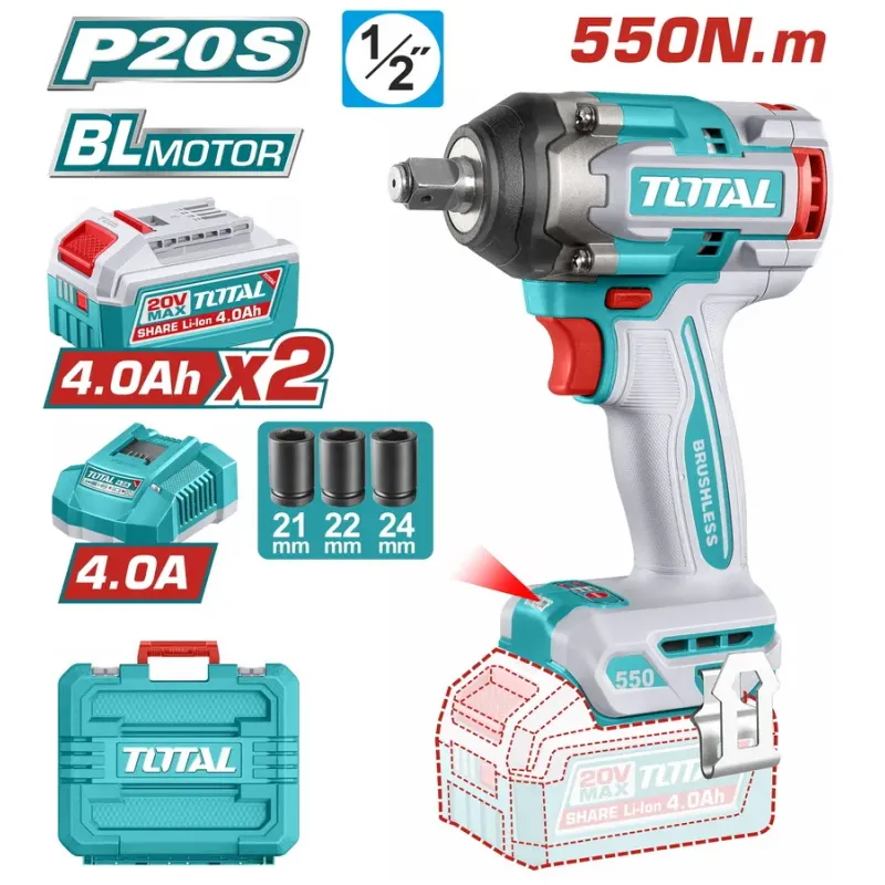 TOTAL ΕΠΑΓΓ. ΜΠΟΥΛΟΝΟΚΛΕΙΔΟ ΜΠΑΤ. Li-ion 20V / 4Ah / 550Nm / 2 ΜΠΑΤΑΡΙΕΣ BL Motor (TIWLI2055E)