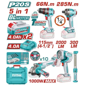 TOTAL ΕΠΑΓΓ. ΣΕΤ 5τεμ ΕΡΓΑΛΕΙΩΝ ΜΠΑΤ. Li-ion 20V / 4Ah / 2 ΜΠΑΤΑΡΙΕΣ BL Motor TOSLI250692E