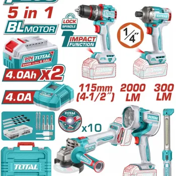 TOTAL ΕΠΑΓΓ. ΣΕΤ 5τεμ ΕΡΓΑΛΕΙΩΝ ΜΠΑΤ. Li-ion 20V / 4Ah / 2 ΜΠΑΤΑΡΙΕΣ BL Motor TOSLI250692E