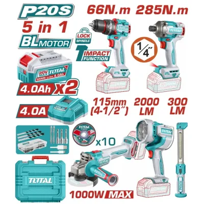 TOTAL ΕΠΑΓΓ. ΣΕΤ 5τεμ ΕΡΓΑΛΕΙΩΝ ΜΠΑΤ. Li-ion 20V / 4Ah / 2 ΜΠΑΤΑΡΙΕΣ BL Motor TOSLI250692E