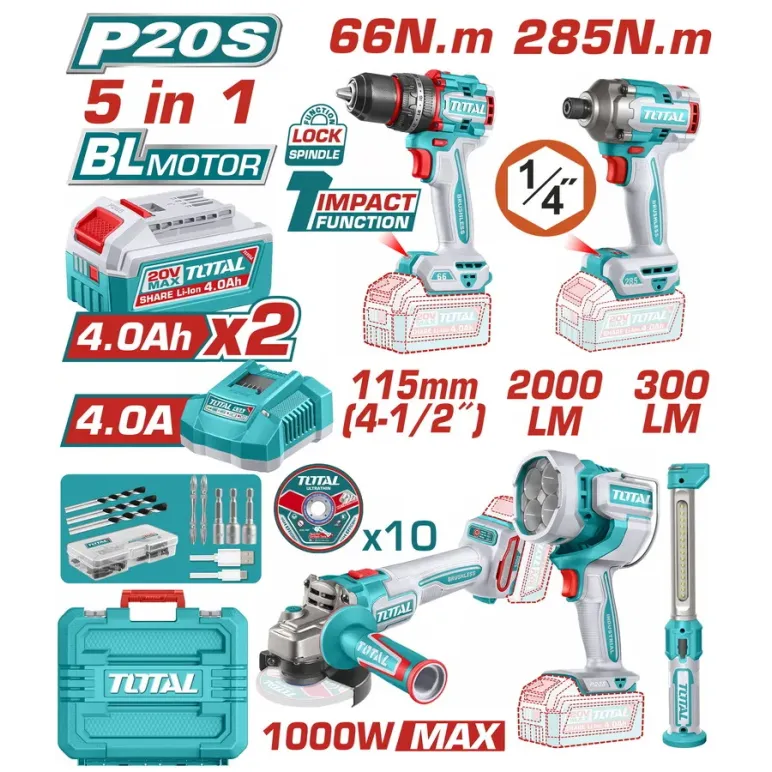 TOTAL ΕΠΑΓΓ. ΣΕΤ 5τεμ ΕΡΓΑΛΕΙΩΝ ΜΠΑΤ. Li-ion 20V / 4Ah / 2 ΜΠΑΤΑΡΙΕΣ BL Motor TOSLI250692E