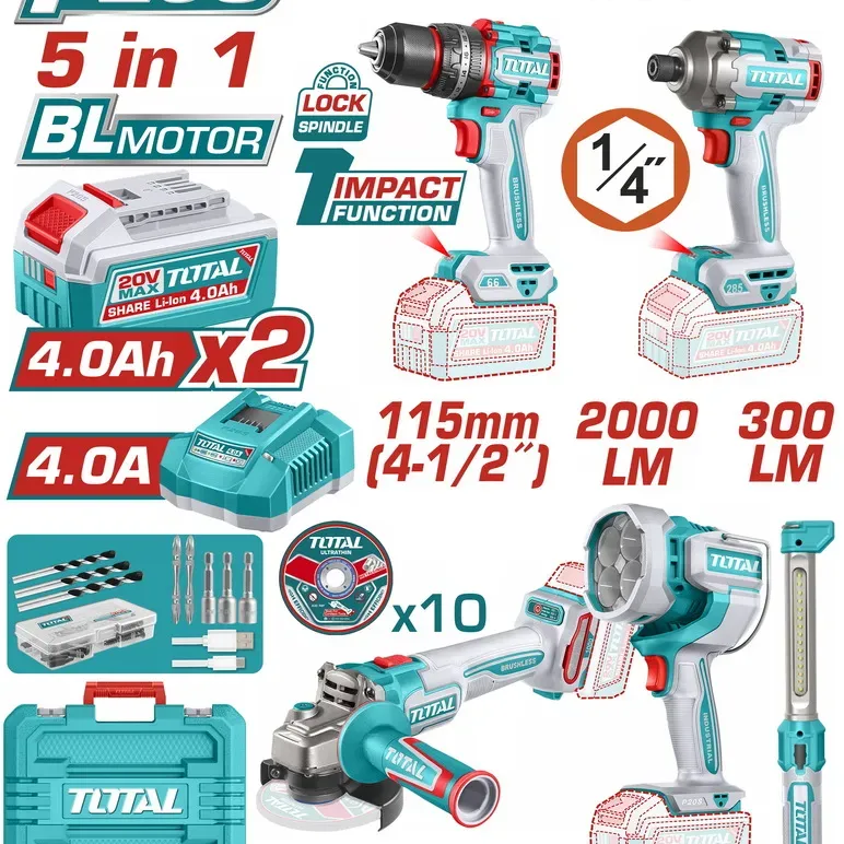 TOTAL ΕΠΑΓΓ. ΣΕΤ 5τεμ ΕΡΓΑΛΕΙΩΝ ΜΠΑΤ. Li-ion 20V / 4Ah / 2 ΜΠΑΤΑΡΙΕΣ BL Motor TOSLI250692E