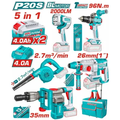TOTAL ΕΠΑΓΓ. ΣΕΤ 5τεμ ΕΡΓΑΛΕΙΩΝ ΜΠΑΤ. Li-ion 20V / 4Ah / 2 ΜΠΑΤΑΡΙΕΣ BL Motor (TOSLI251083E)