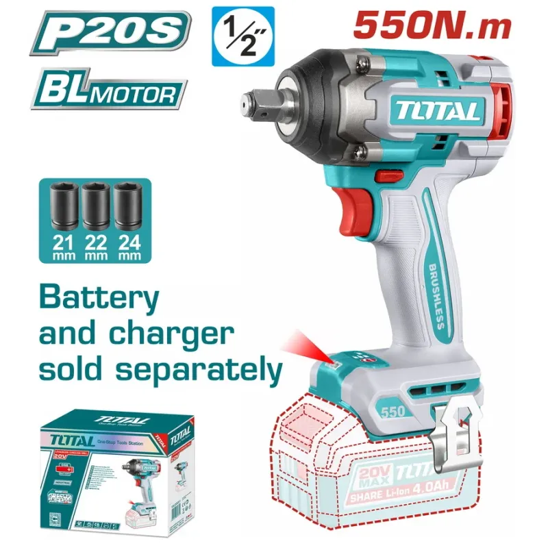 TOTAL ΕΠΑΓΓ. ΜΠΟΥΛΟΝΟΚΛΕΙΔΟ ΜΠΑΤ. Li-ion 20V / 550Nm ΧΩΡΙΣ ΜΠΑΤΑΡΙΑ & ΦΟΡΤΙΣΤΗ BL Motor (TIWLI20551)