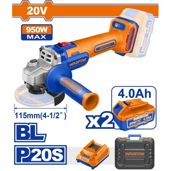 WADFOW ΣΕΤ ΓΩΝΙΑΚΟΣ ΤΡΟΧΟΣ 115mm ΜΠΑΤΑΡΙΑΣ Li-ion 20V / 950W / 4Ah / 2 ΜΠΑΤ BL Motor (WLAP5322E)
