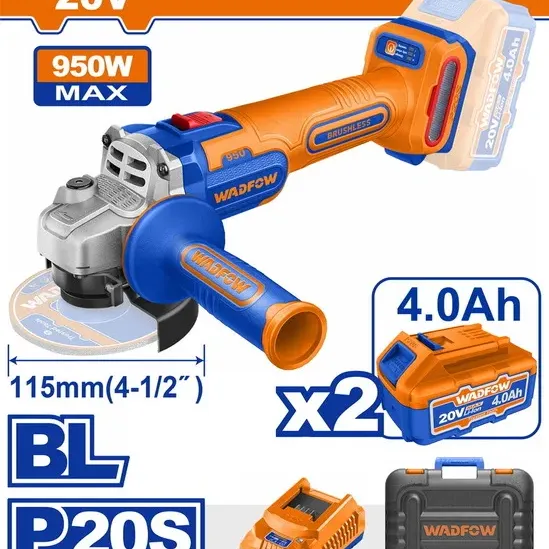 WADFOW ΣΕΤ ΓΩΝΙΑΚΟΣ ΤΡΟΧΟΣ 115mm ΜΠΑΤΑΡΙΑΣ Li-ion 20V / 950W / 4Ah / 2 ΜΠΑΤ BL Motor (WLAP5322E)
