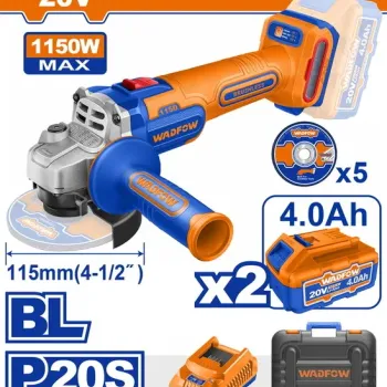 WADFOW ΣΕΤ ΓΩΝΙΑΚΟΣ ΤΡΟΧΟΣ 115mm ΜΠΑΤΑΡΙΑΣ Li-ion 20V / 1150W / 4Ah / 2 ΜΠΑΤ BL Motor (WLAPB522E)