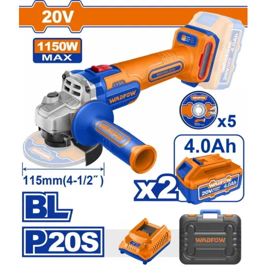 WADFOW ΣΕΤ ΓΩΝΙΑΚΟΣ ΤΡΟΧΟΣ 115mm ΜΠΑΤΑΡΙΑΣ Li-ion 20V / 1150W / 4Ah / 2 ΜΠΑΤ BL Motor (WLAPB522E)