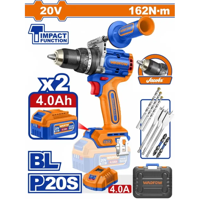 WADFOW ΔΡΑΠ/ΒΙΔΟ ΚΡΟΥΣΤΙΚΟ ΜΠΑΤ. Li-ion 20V / 162Nm / 4Ah / 2 ΜΠΑΤ BL Motor (WCDP16281E)