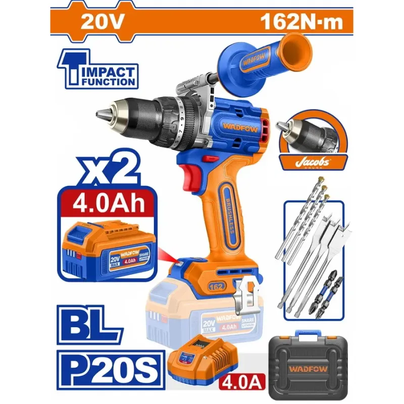 WADFOW ΔΡΑΠ/ΒΙΔΟ ΚΡΟΥΣΤΙΚΟ ΜΠΑΤ. Li-ion 20V / 162Nm / 4Ah / 2 ΜΠΑΤ BL Motor (WCDP16281E)