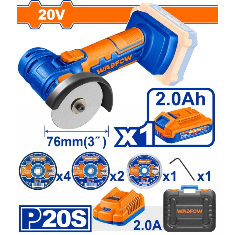 WADFOW MINI ΓΩΝΙΑΚΟΣ ΤΡΟΧΟΣ ΜΠΑΤ. Li-ion 20V / 2Ah / 1 ΜΠΑΤΑΡΙΑ (WLAP573)
