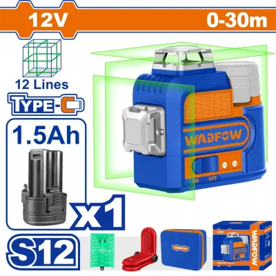 WADFOW ΑΛΦΑΔΙ LASER 12V / 3D ΑΥΤΟ-ΟΡΙΖΟΝΤΙΟΥΜΕΝΟ ΣΤΑΥΡΟΥ 0-30m ΜΕ ΠΡΑΣΙΝΕΣ ΑΚΤΙΝΕΣ (WLE8M12)
