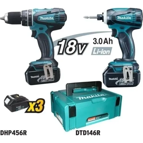 MAKITA Κρουστικό Δραπανοκατσάβιδο 18V DHP456 Παλμικό Κατσαβίδι 18V DTD146 με 3 μπαταρίες DLX2012JX2