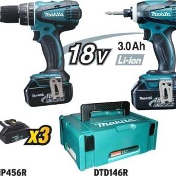 MAKITA Κρουστικό Δραπανοκατσάβιδο 18V DHP456 Παλμικό Κατσαβίδι 18V DTD146 με 3 μπαταρίες DLX2012JX2