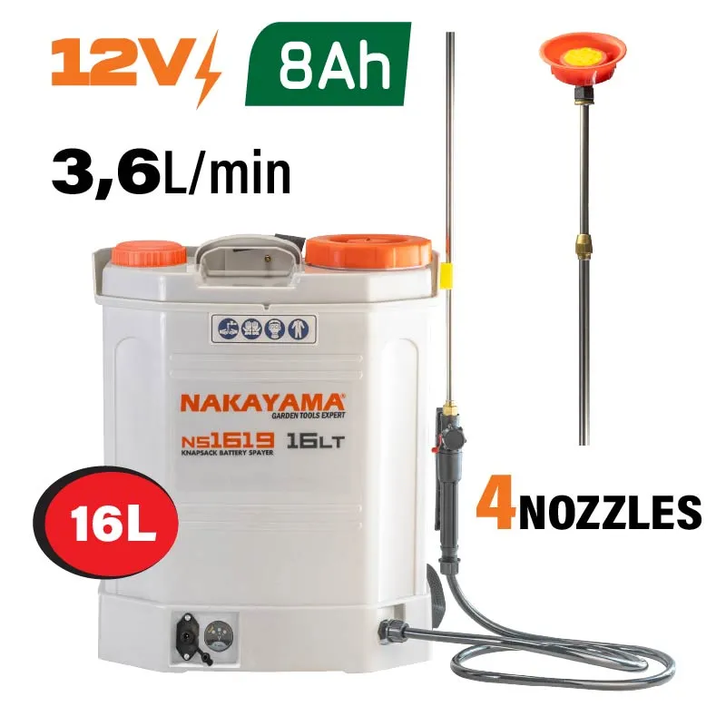 NAKAYAMA NS1619 Ψεκαστήρας Πλάτης Μπαταρίας 12V,8Ah,16Lt με Ανοξείδωτο Τηλεσκοπικό Αυλό 077992