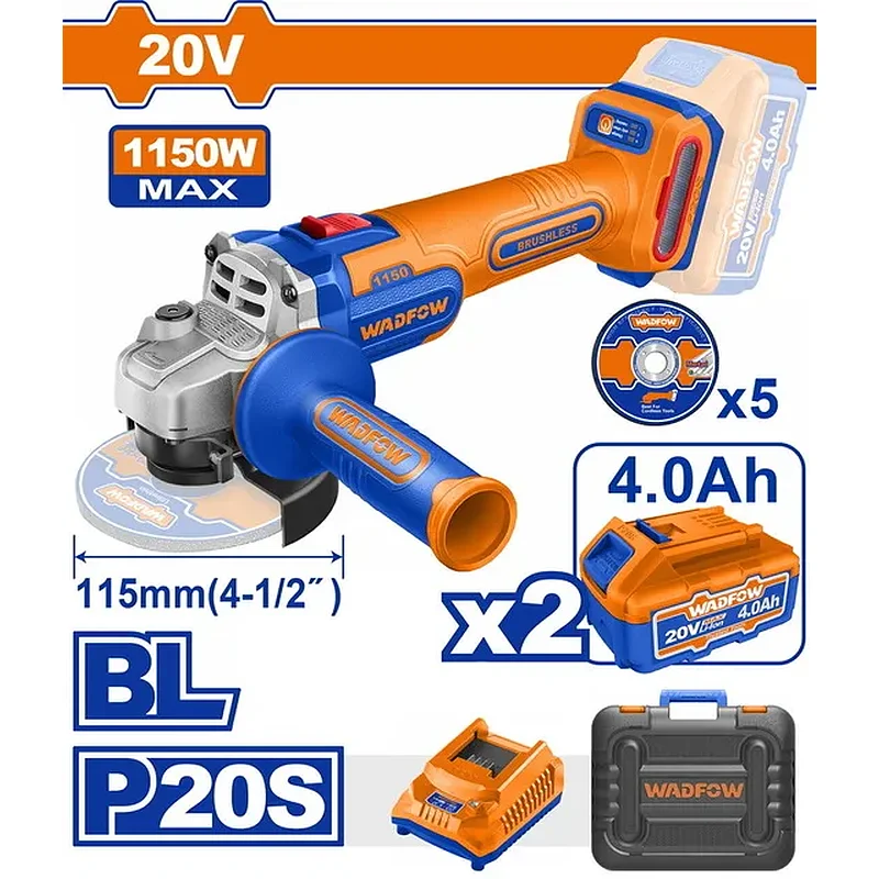 WADFOW ΣΕΤ ΓΩΝΙΑΚΟΣ ΤΡΟΧΟΣ 115mm ΜΠΑΤΑΡΙΑΣ Li-ion 20V / 1150W / 4Ah / 2 ΜΠΑΤ BL Motor (WLAPB522E)